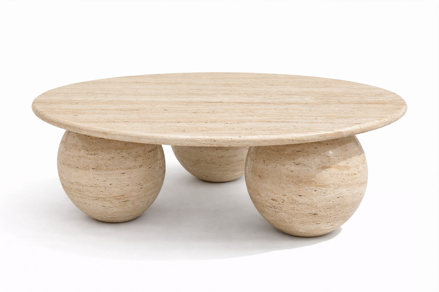 Wooden coffee table with spherical bases on a white background travertine