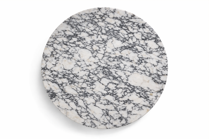 Round marble coaster with gray and white pattern on a white background