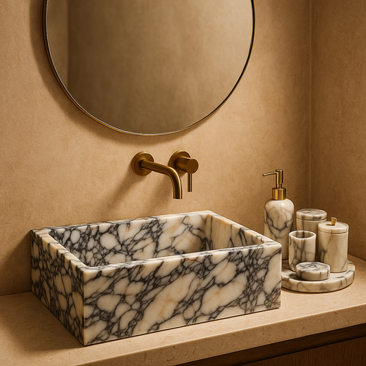 Vacker Calacatta Viola bathroom sink by Aurora Marble for luxury bathroom and home decor match it with aurora marble bathroom sets