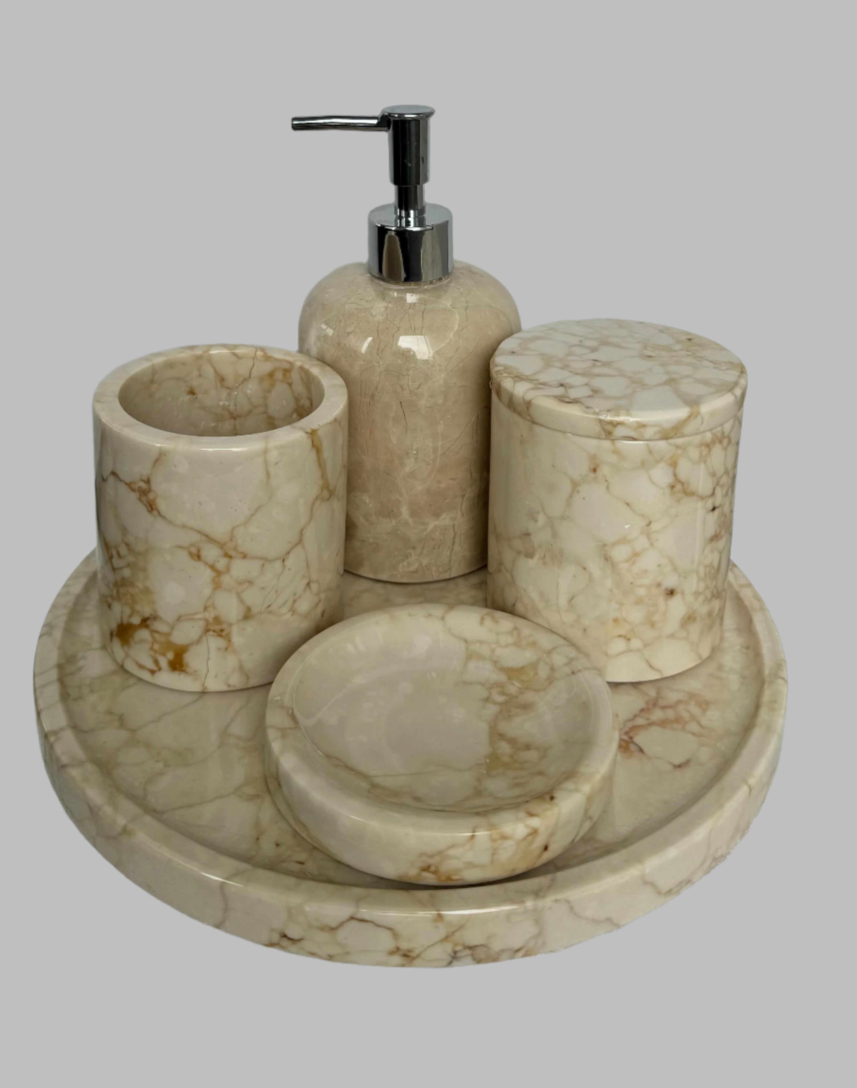 marble bathroom set, luxury bathroom accessories, handcrafted marble, bathroom décor, cream marble, Scandinavian design, stone soap dispenser, natural marble tray, high-end bathroom set, Aurora Marble