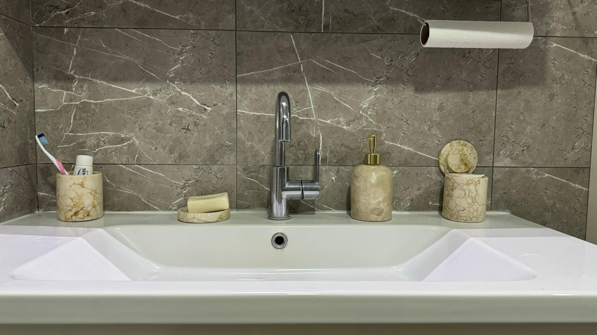marble bathroom set, luxury bathroom accessories, handcrafted marble, bathroom décor, cream marble, Scandinavian design, stone soap dispenser, natural marble tray, high-end bathroom set, Aurora Marble