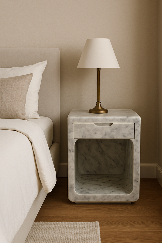 Luxry bedroom decor with marble bedside table furniture by Aurora Marble all handmade by artisans