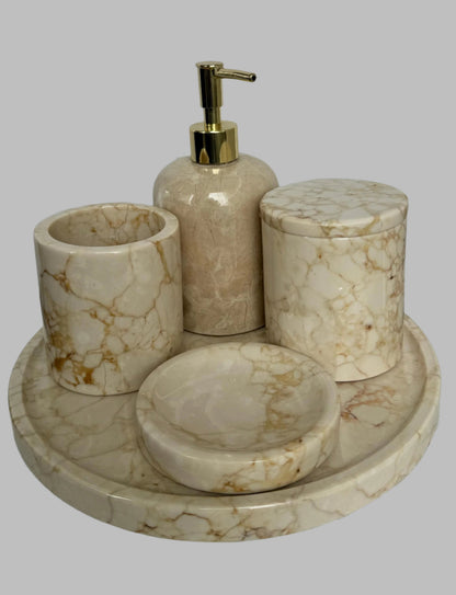 marble bathroom set, luxury bathroom accessories, handcrafted marble, bathroom décor, cream marble, Scandinavian design, stone soap dispenser, natural marble tray, high-end bathroom set, Aurora Marble