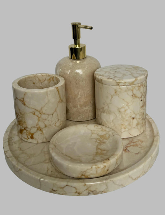 marble bathroom set, luxury bathroom accessories, handcrafted marble, bathroom décor, cream marble, Scandinavian design, stone soap dispenser, natural marble tray, high-end bathroom set, Aurora Marble