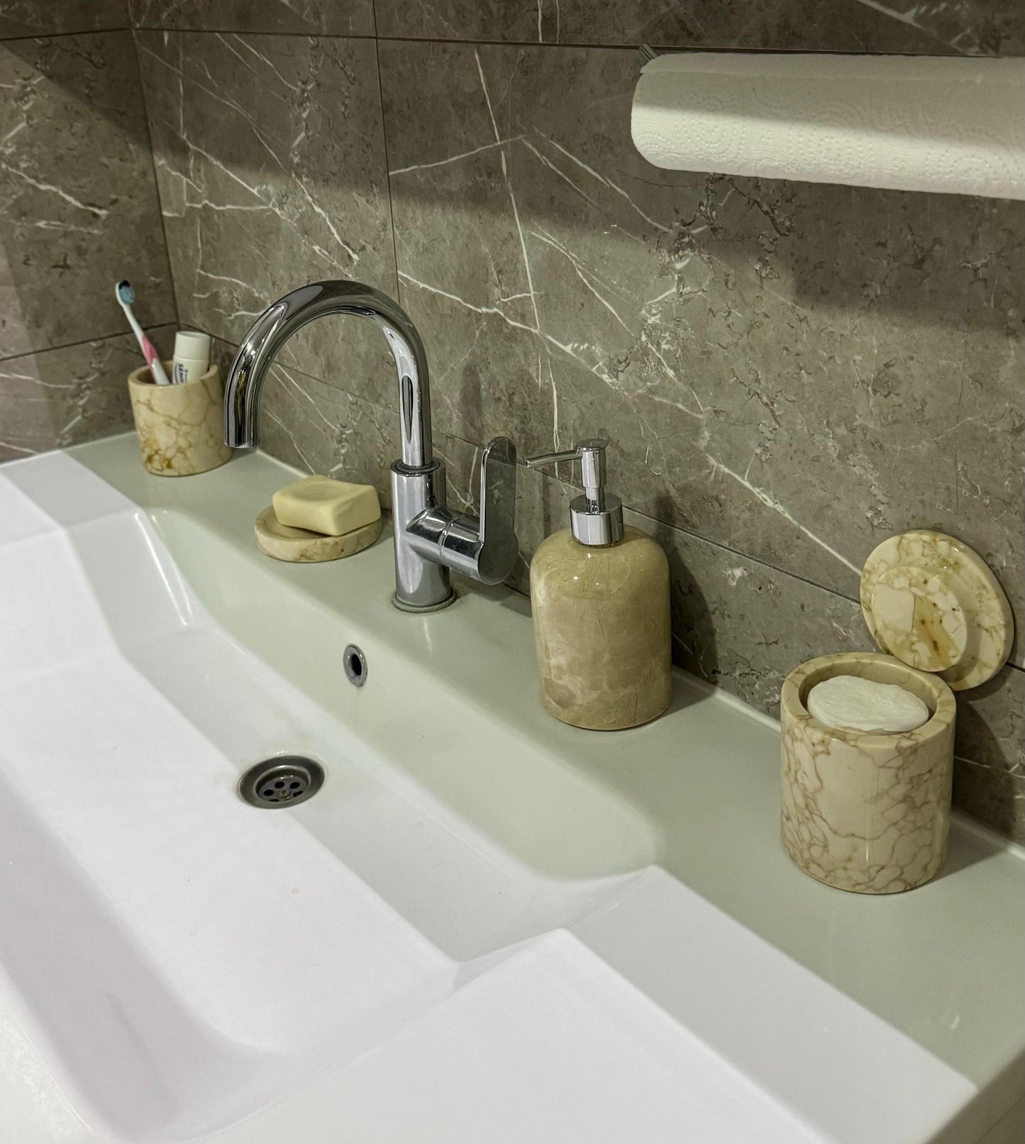 marble bathroom set, luxury bathroom accessories, handcrafted marble, bathroom décor, cream marble, Scandinavian design, stone soap dispenser, natural marble tray, high-end bathroom set, Aurora Marble