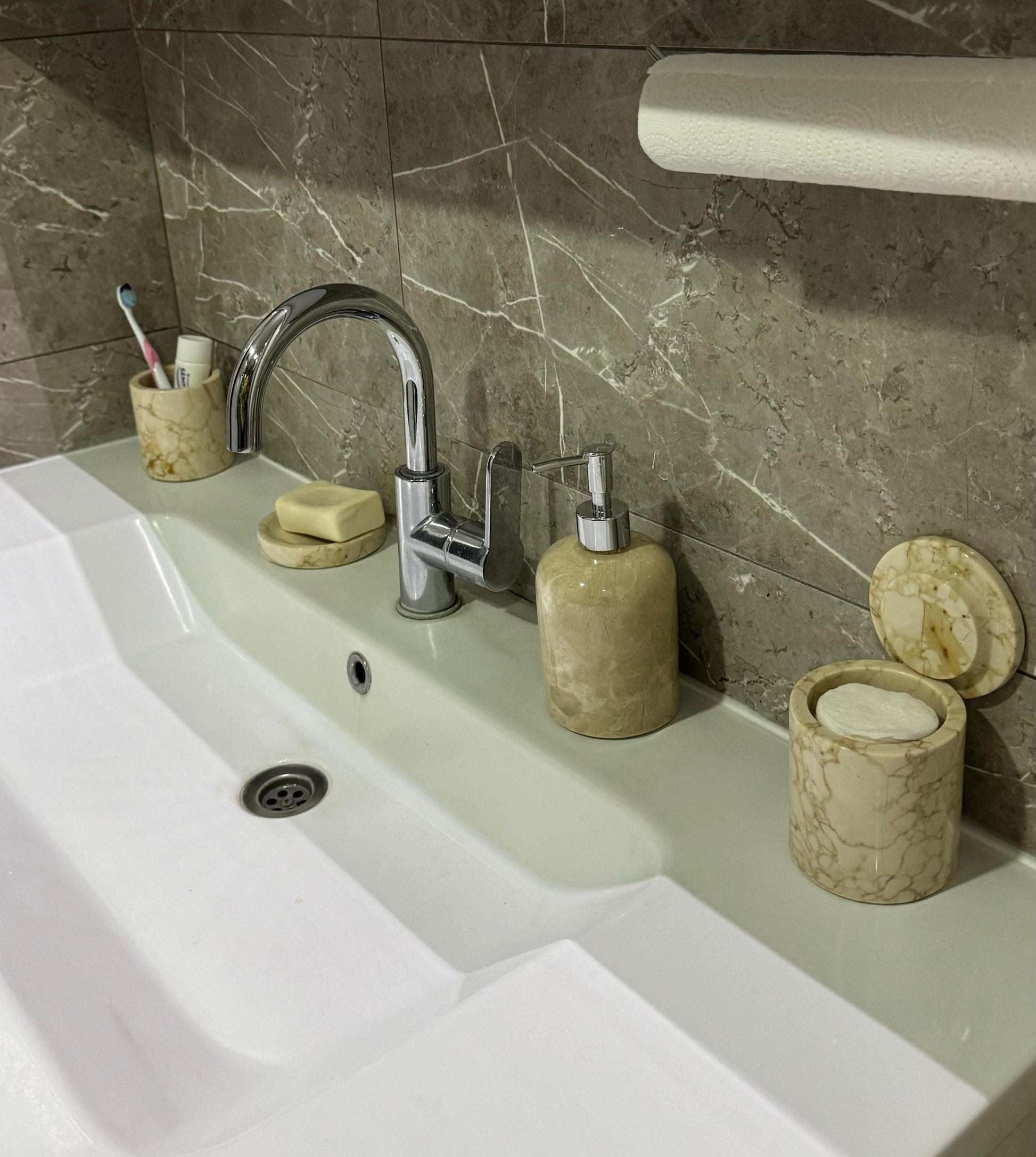 marble bathroom set, luxury bathroom accessories, handcrafted marble, bathroom décor, cream marble, Scandinavian design, stone soap dispenser, natural marble tray, high-end bathroom set, Aurora Marble