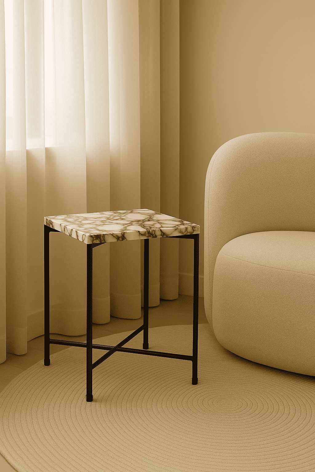 Small marble-top side table in a room with beige walls and a chair.