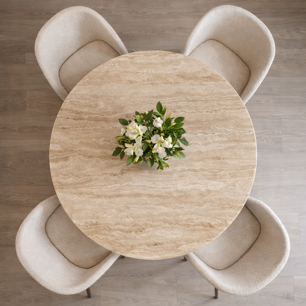 Round travertine table with a plant centerpiece surrounded by four white chairs on a wooden floor.