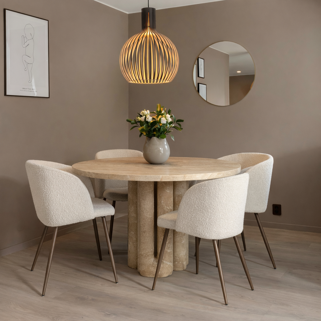 Dining room with a designer travertine table and chairs, 