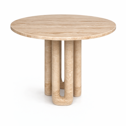Round travertine table with unique cylindrical legs on a white background