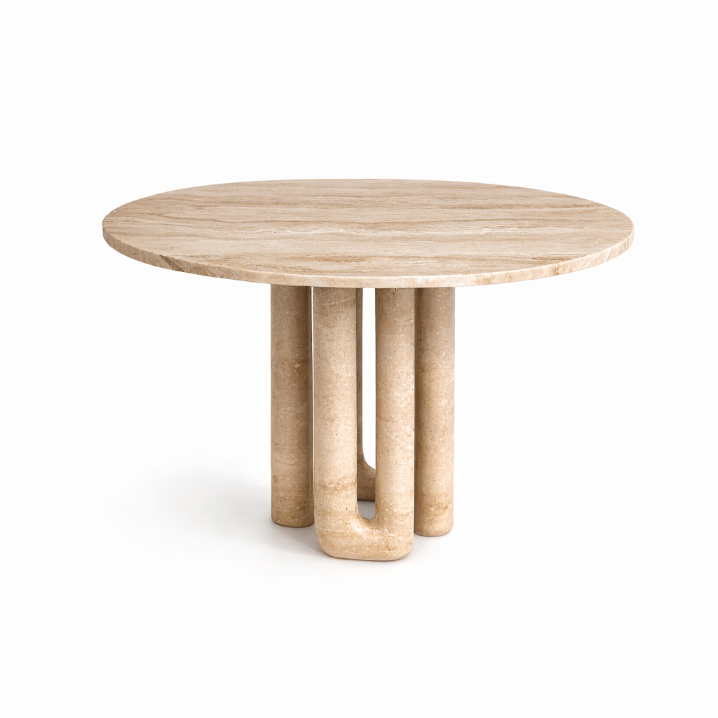 Round travertine table with unique cylindrical legs on a white background