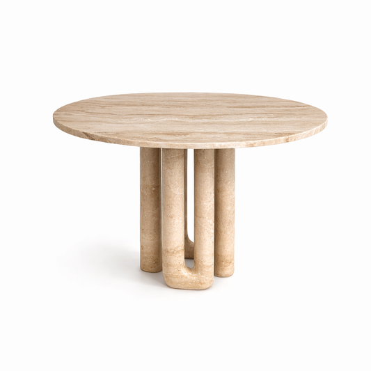 Round travertine table with unique cylindrical legs on a white background