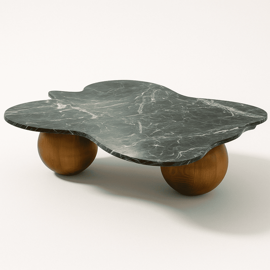 marble coffee table with marble top and wooden legs on a white background