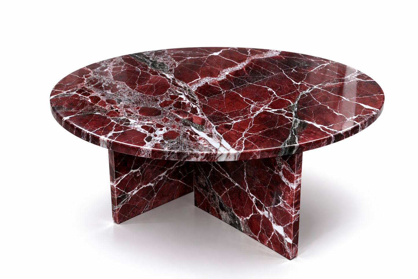 Marble coffee table with red and black pattern on a white background. rosso levanto marble