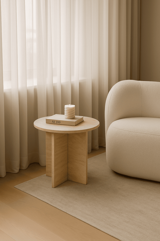 Marble side table on a beige background by aurora marble