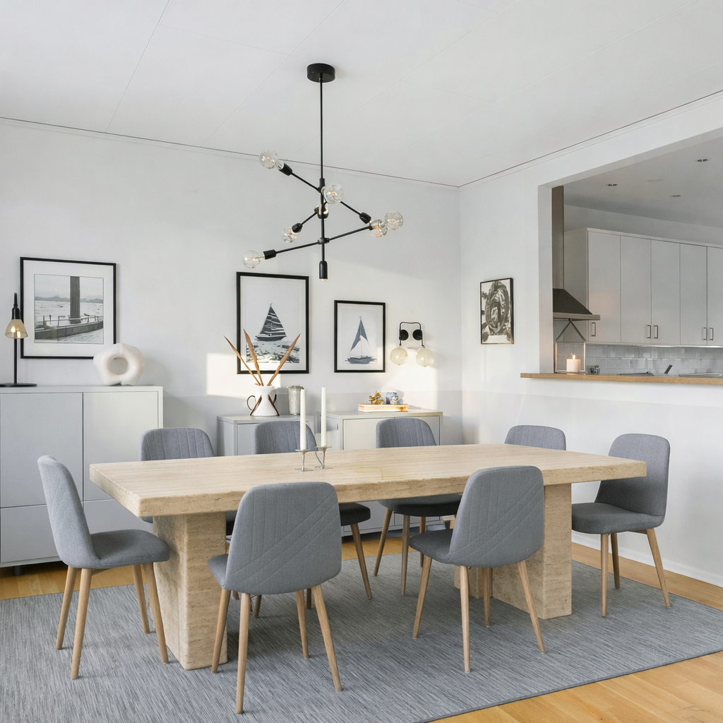 Modern dining room with marble table and gray chairs in a bright home interior. table is made by aurora marble Sweden