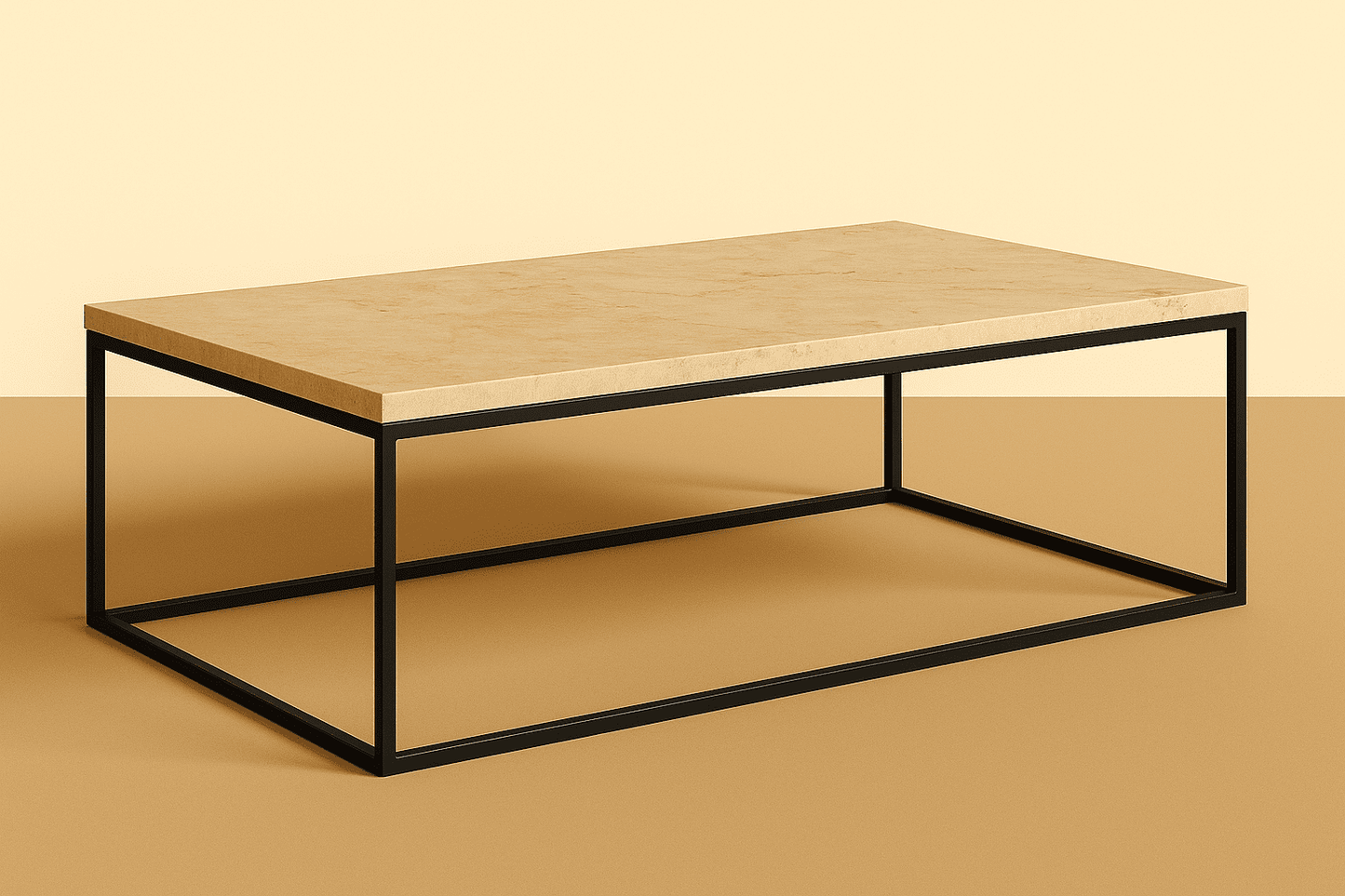 marble coffee table with black metal frame on a beige background