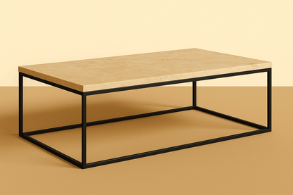 marble coffee table with black metal frame on a beige background