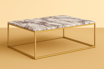 Coffee table with lilac marble top and gold frame on a beige background