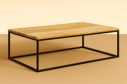 Onyx coffee table with black metal frame on a beige background
