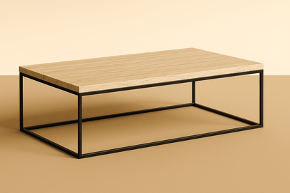 travertine coffee table with black metal frame on a beige background