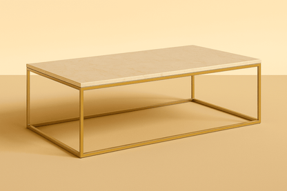 Coffee table with gold frame and beige marble top on a beige background