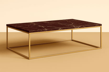 Coffee table with marble top and gold frame on a beige background