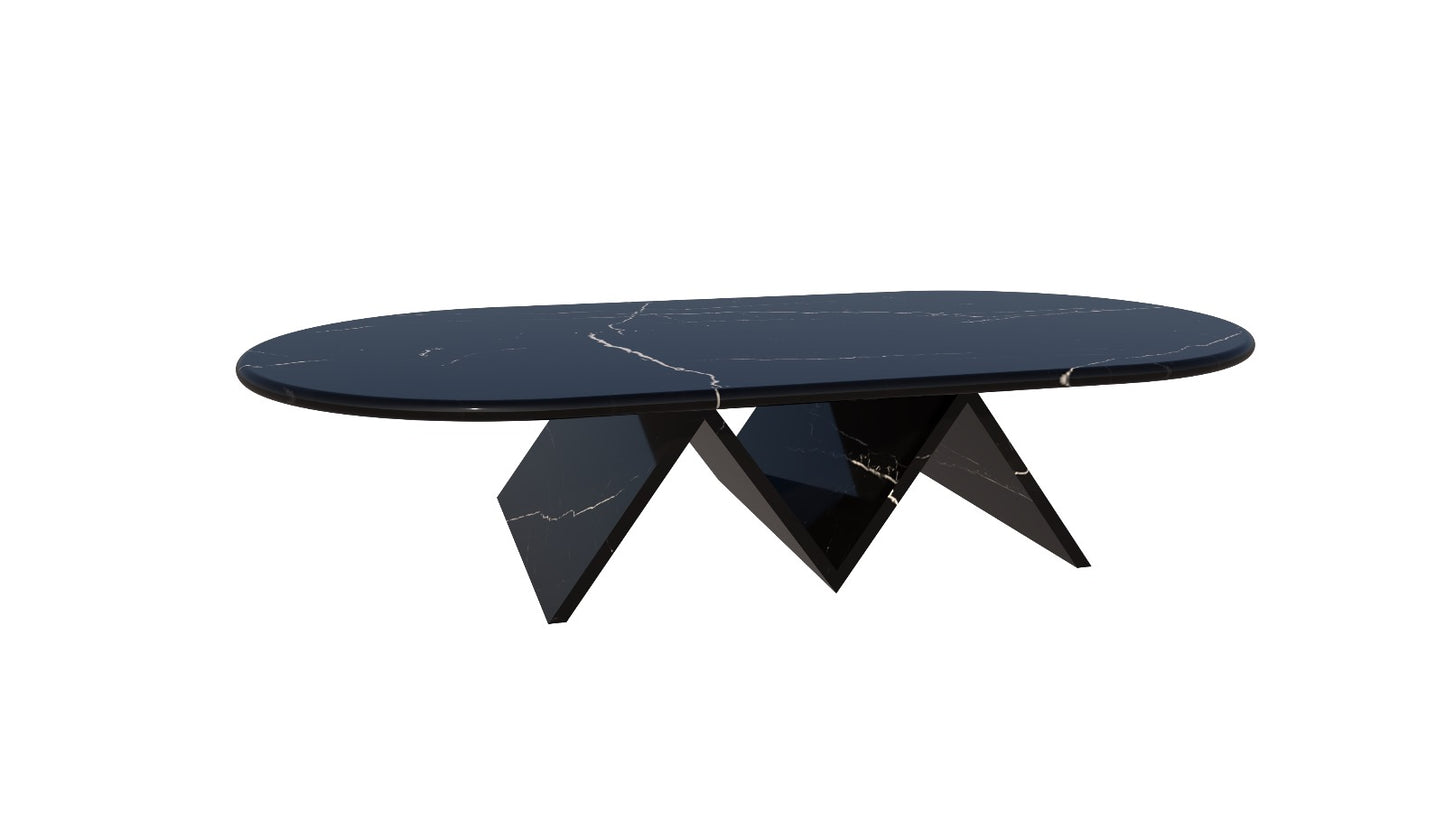 Modern black marble coffee table with unique geometric legs on a white background