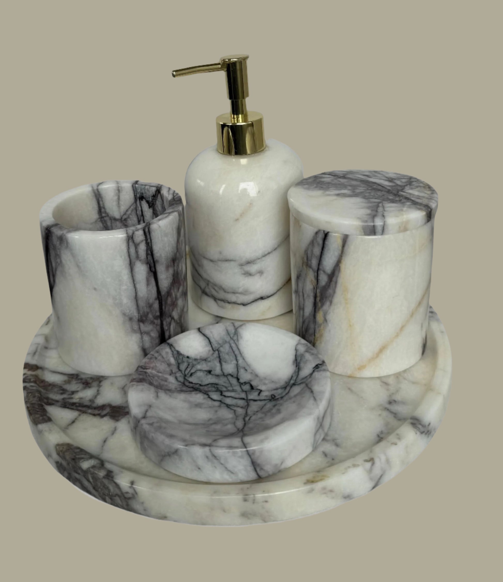 Sustainable 5-piece calacatta viola marble bathroom set with gold or silver pump. Includes dispenser, dish, tumblers, and tray. Handcrafted by Aurora Marble artisans.