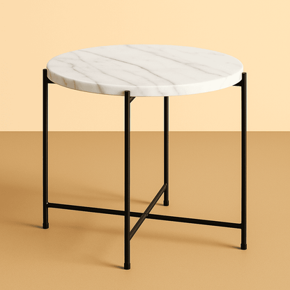 round side table with marble top and black metal frame on a beige background from aurora marble