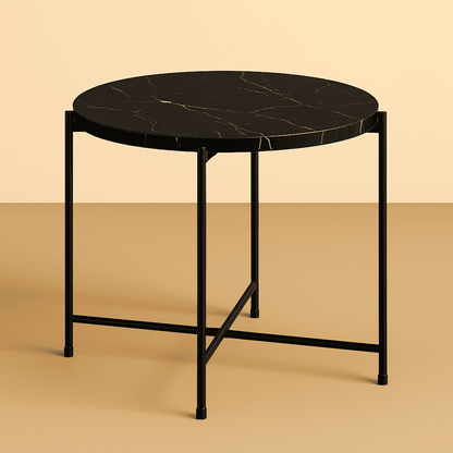 round side table with marble top and black metal frame on a beige background from aurora marble
