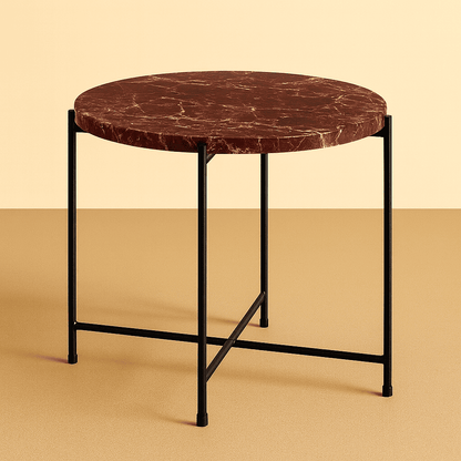 round side table with marble top and black metal frame on a beige background from aurora marble