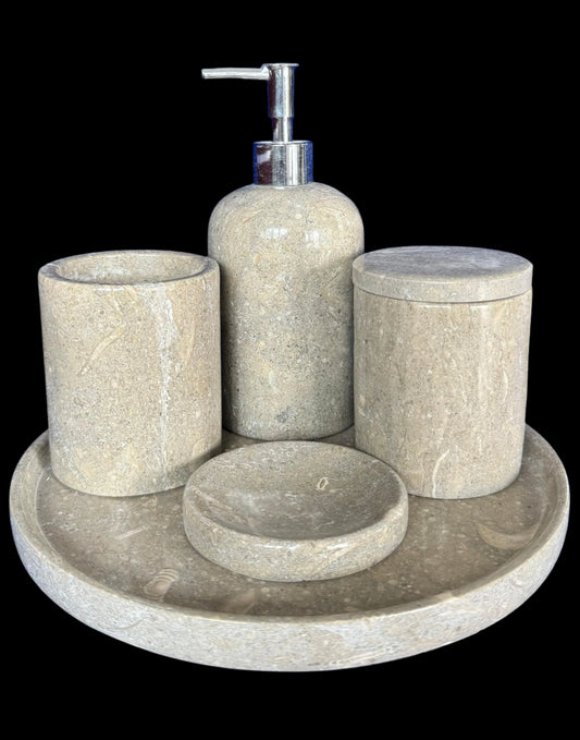 Sustainable 5-piece gray marble bathroom set with gold or silver pump. Includes dispenser, dish, tumblers, and tray. Handcrafted by Aurora Marble artisans.