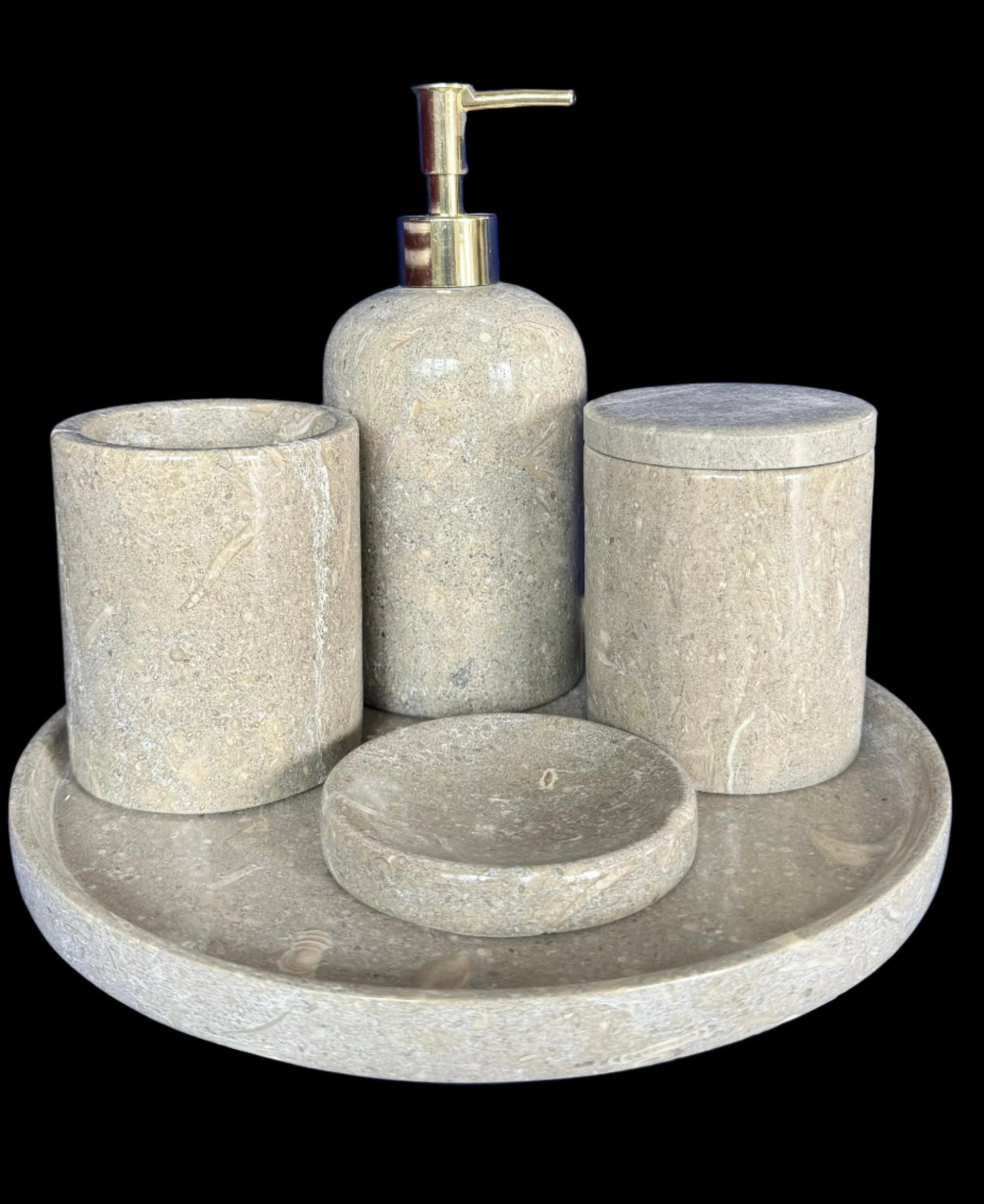 Sustainable 5-piece gray marble bathroom set with gold or silver pump. Includes dispenser, dish, tumblers, and tray. Handcrafted by Aurora Marble artisans.