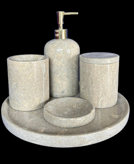 Sustainable 5-piece gray marble bathroom set with gold or silver pump. Includes dispenser, dish, tumblers, and tray. Handcrafted by Aurora Marble artisans.