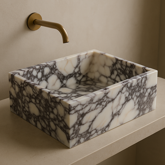 Luxury bathroom sinks. Handmade marble sink made of Calacatta Viola, swedish quality home decor products of Aurora Marble Furniture