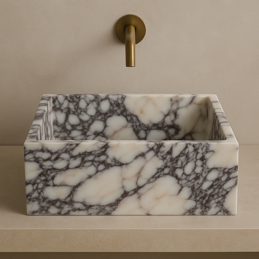Luxury bathroom sinks. Handmade marble sink made of Calacatta Viola, swedish quality home decor products of Aurora Marble Furniture