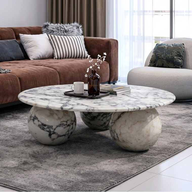 Modern living room with a brown sofa, sphere legged marble coffee table