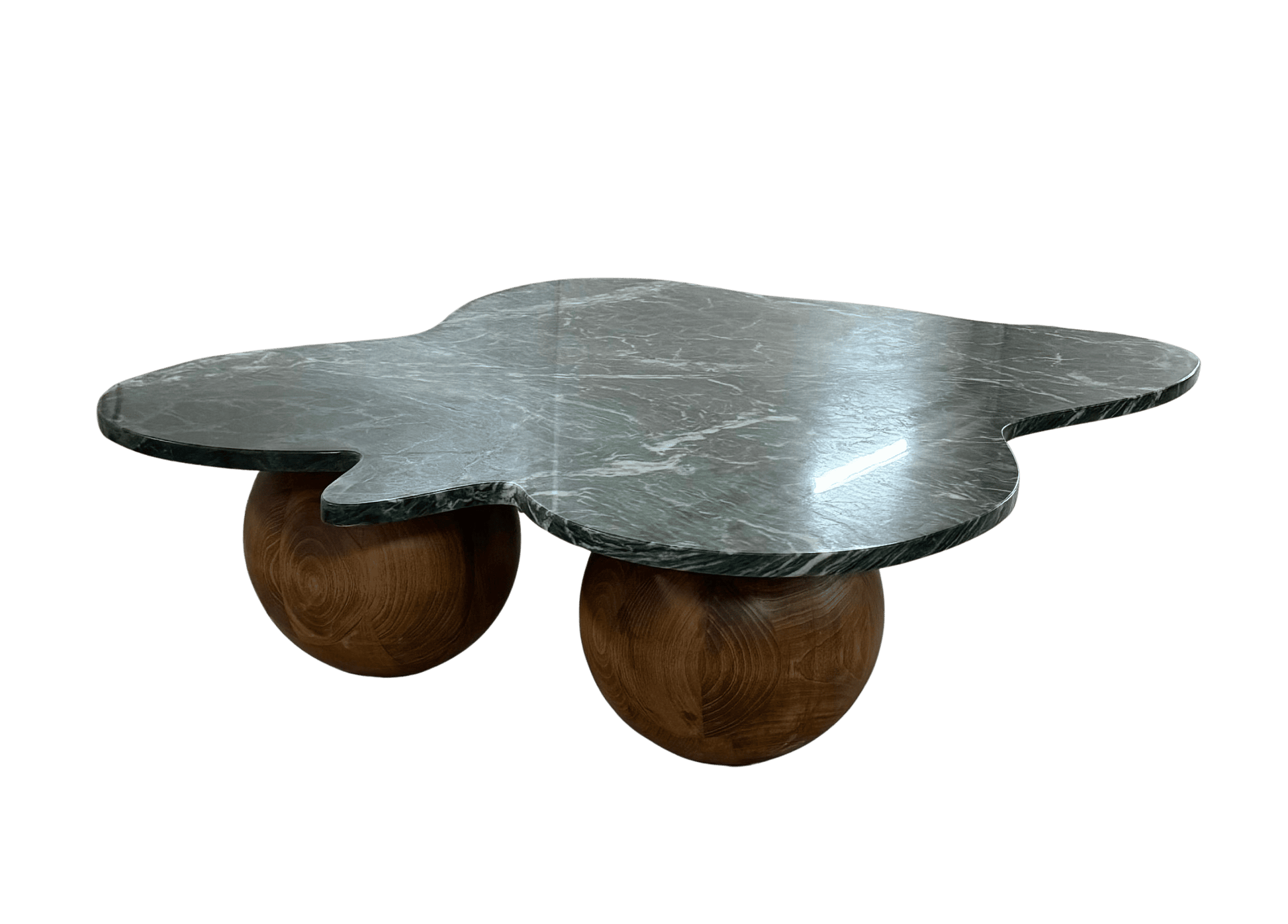 marble coffee table with marble top and wooden legs on a white background