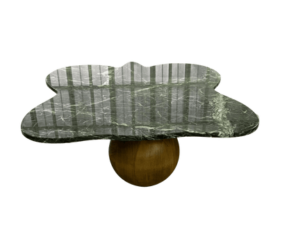 marble coffee table with marble top and wooden legs on a white background