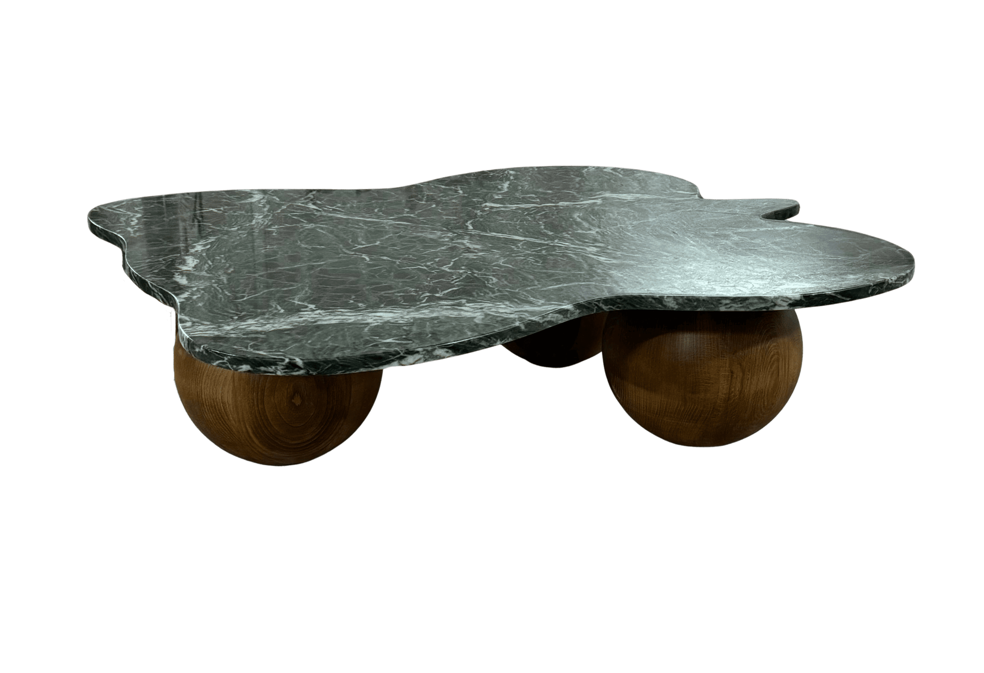 marble coffee table with marble top and wooden legs on a white background