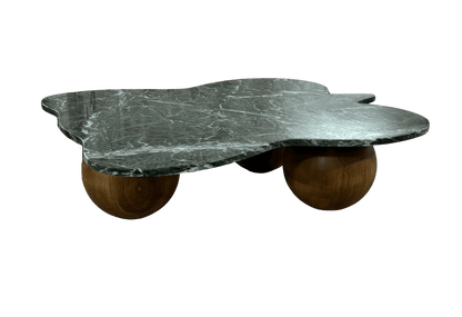 marble coffee table with marble top and wooden legs on a white background